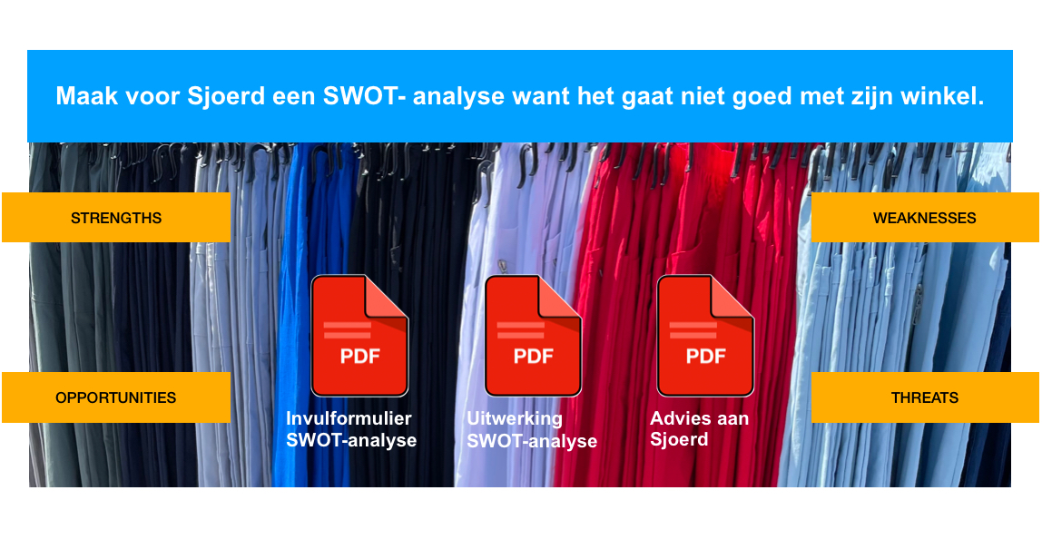 Afbeelding van een rek met broeken in diverse kleuren en drie pdf icoontjes.