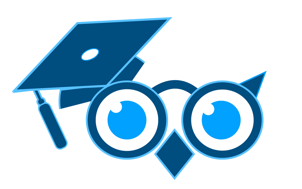 logo bedrijfsrekenen.nl van wijze uil met bril en academic cap in de kleuren blauw.